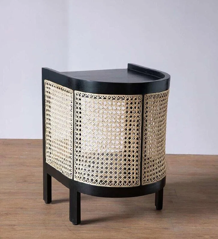 Wicker Solid Wood Bedside Table In Black Finish