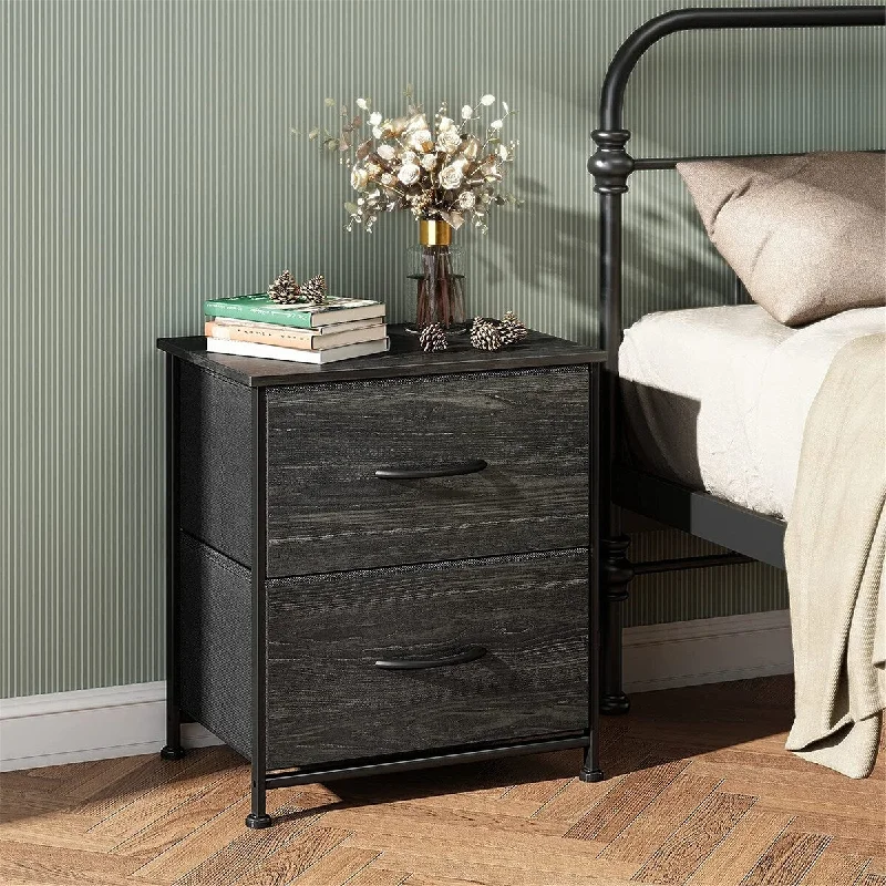 Wood and Steel Frame Bedside Nightstand with 2 Fabric Drawers