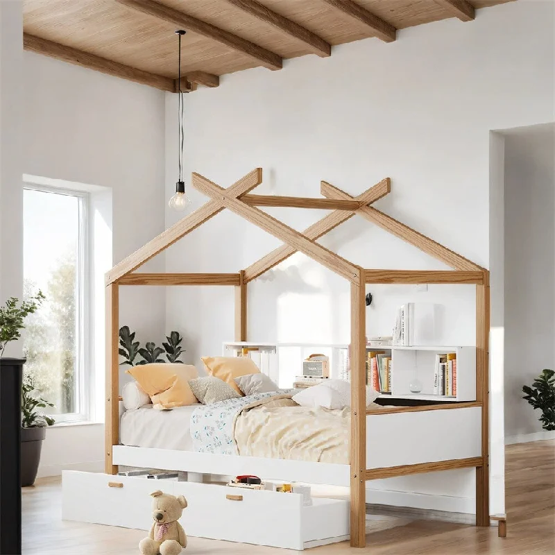 Wood House Bed with Two Drawers and Bookshelf Storage for Children