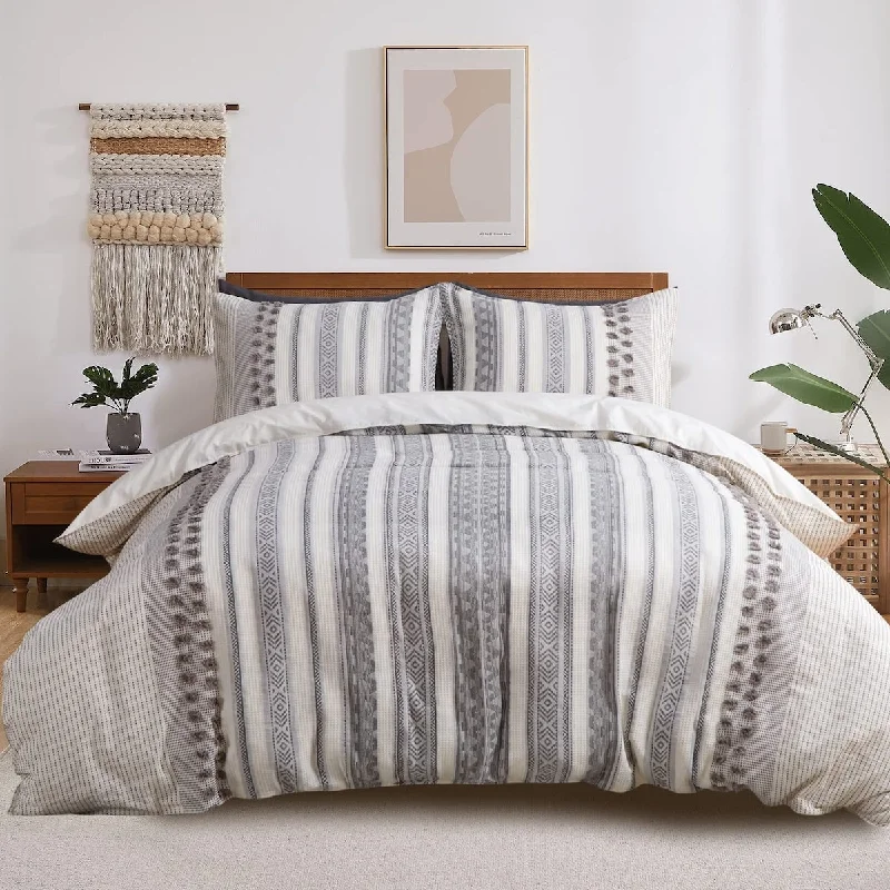 3PCS Boho Yarn-Dyed Geometric Textured Farmhouse Duvet Cover Set