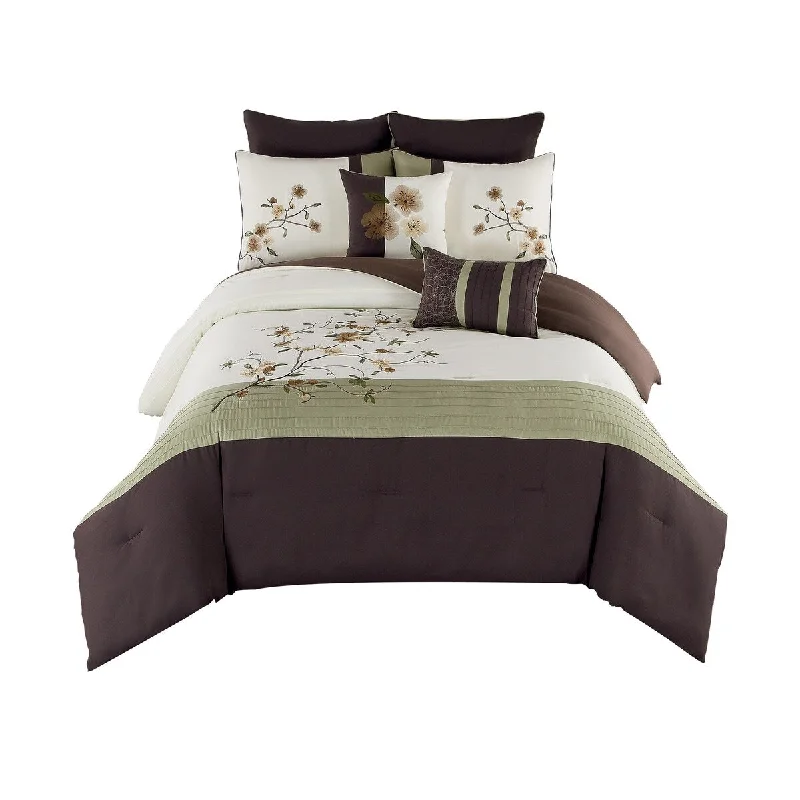 8 Piece King Polyester Comforter Set with Floral Design, Green and Brown