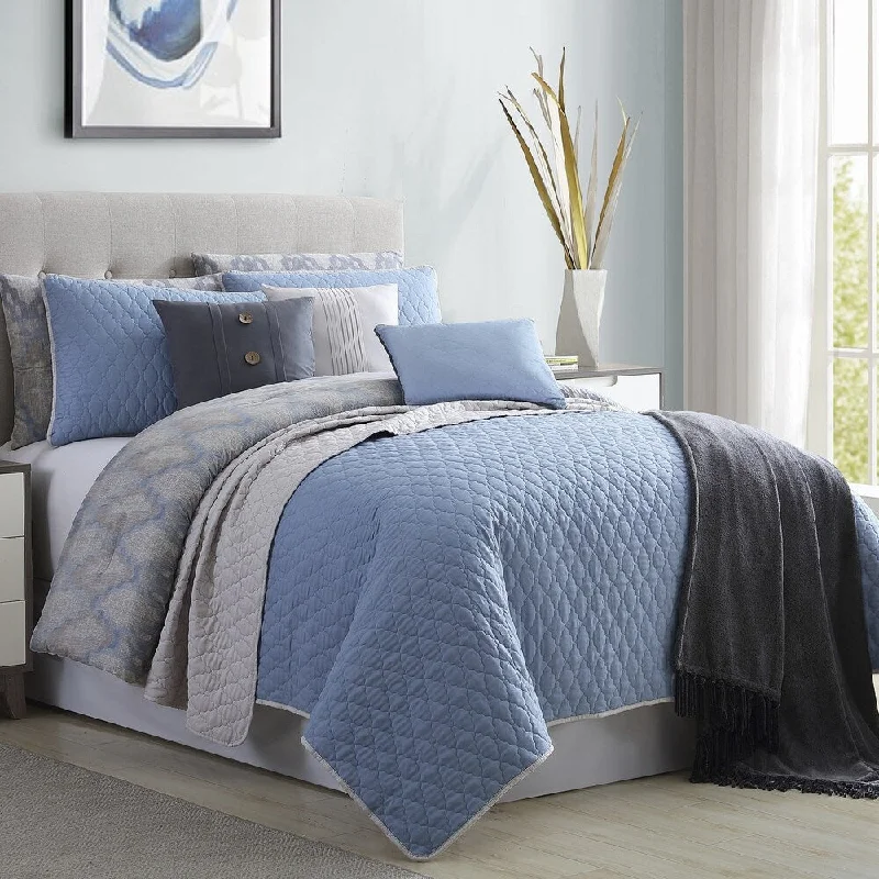 Andria 10 Piece Queen Size Comforter and Coverlet Set The Urban Port, Blue and Gray