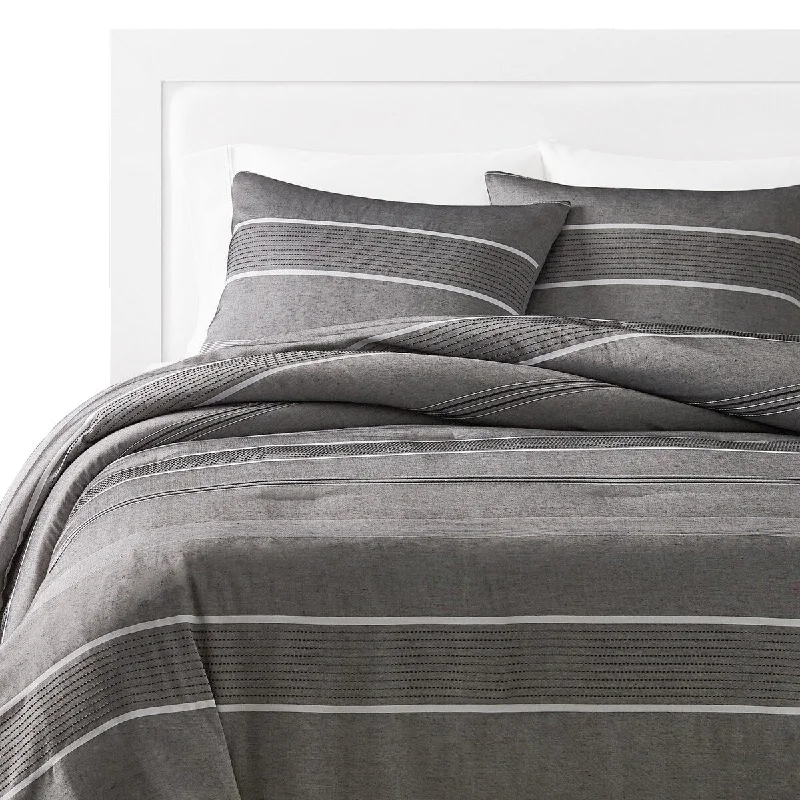 Arlo 3 Piece King Size Comforter Set, Striped Woven Jacquard, Soft Gray