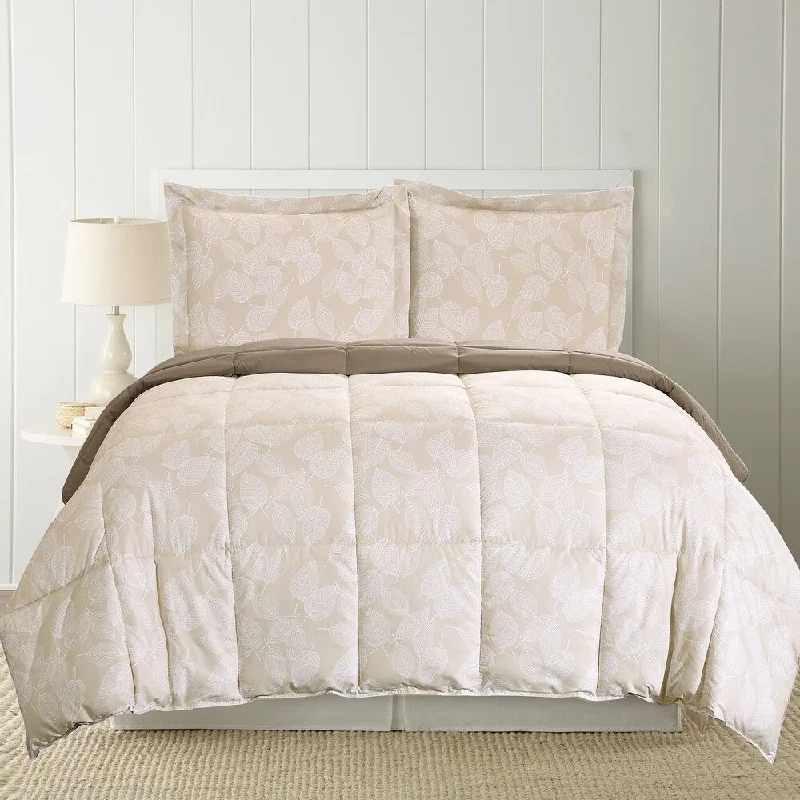 Bari 3 Piece Leaves Print Reversible Queen Comforter Set The Urban Port, Beige