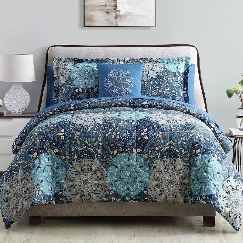 Caen 8 Piece Printed Reversible Queen Size Comforter Set The Urban Port, Blue