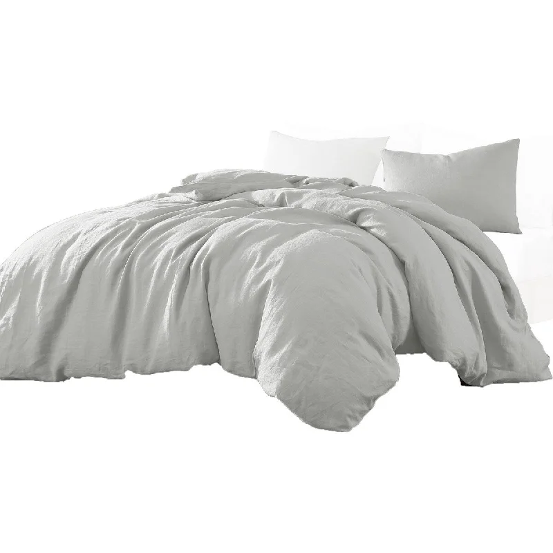 Edge 3 Piece Twin Size Duvet Comforter Set, Washed Linen, Cotton, Soft Gray