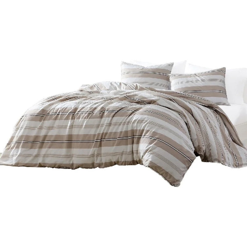 Eva 4 Piece Queen Size Cotton Duvet Comforter Set, Beige Stripes, Ivory