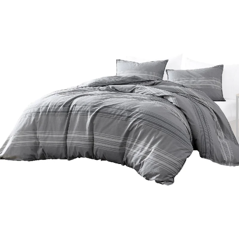 Eva 4 Piece Queen Size Cotton Duvet Comforter Set, Gray Stripes, Charcoal