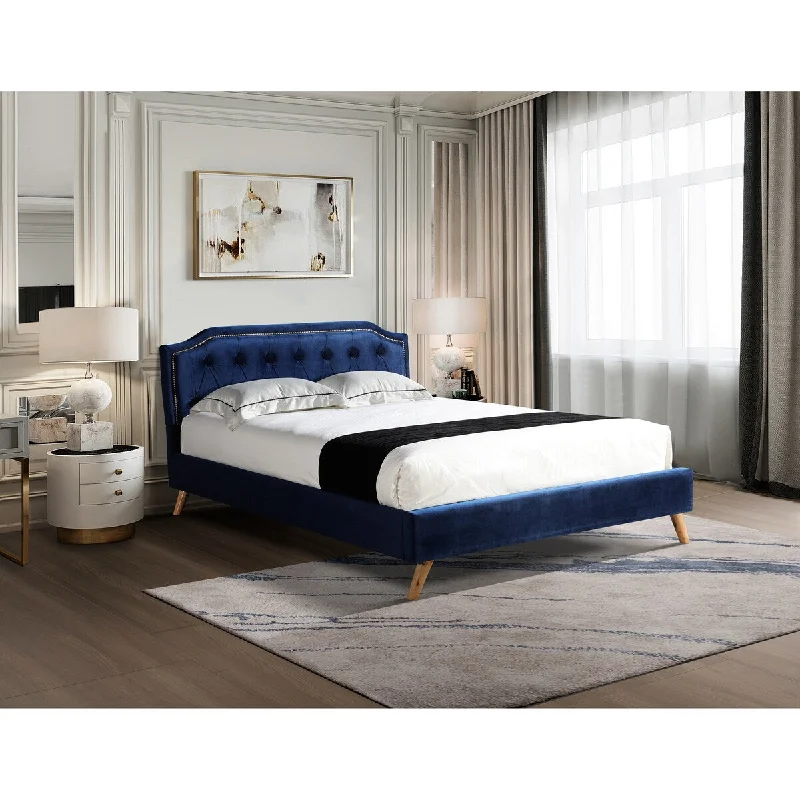 Full Bed Frame with Wooden Leg, Velvet Full Upholstered Platform Bed with Headboard, Mattress Foundation