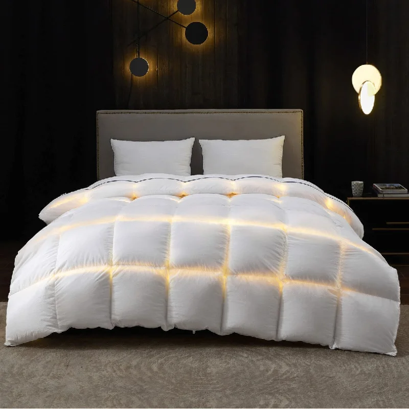 Goose Feather Down Comforter - Extra Fluffy Duvet Insert with 8 Corner Tabs for Winter, 100% Cotton Fabric, Machine Washable