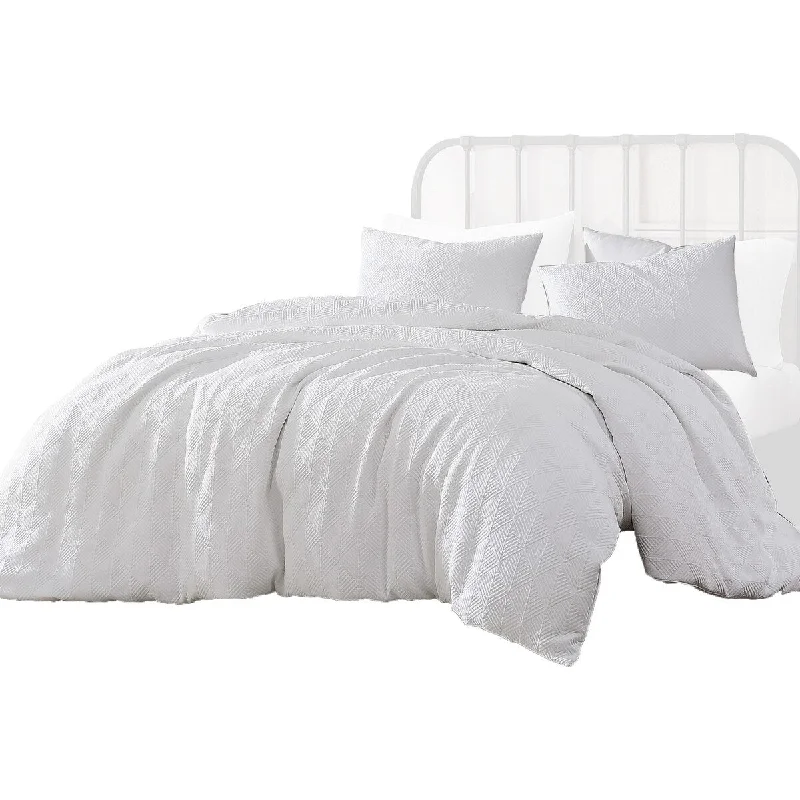 Max 4 Piece King Size Duvet Comforter Set, Diamond Woven White Cotton