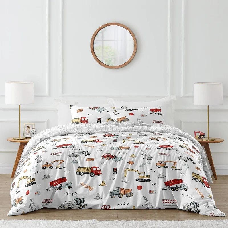 Sweet Jojo Designs Construction Truck Boy 3pc Full/Queen Comforter Set - Grey Yellow Orange Red and Blue Transportation