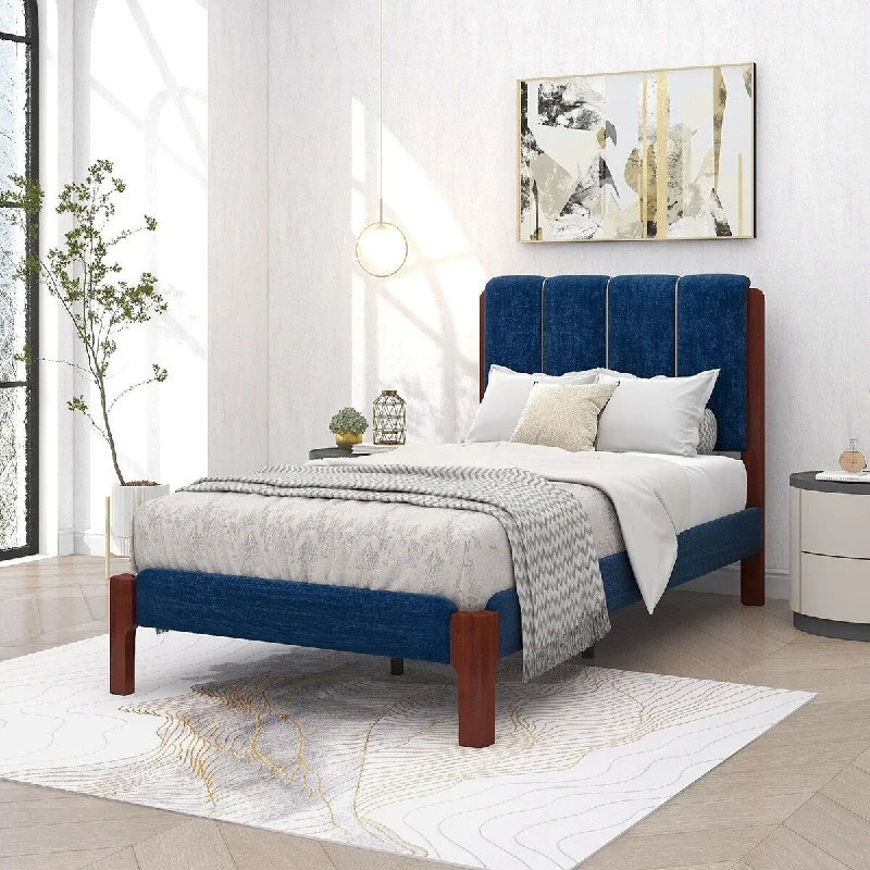 Twin Bed Frame with Wooden Leg, Velvet Twin Upholstered Platform Bed with Headboard, Mattress Foundation