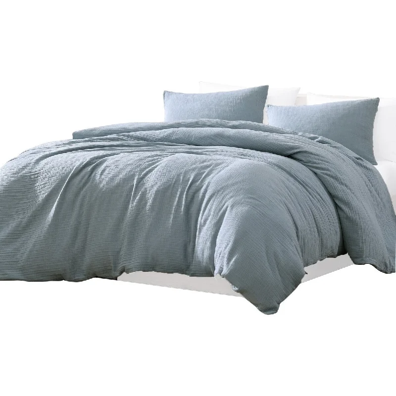 Uvi 3 Piece King Comforter Set, Cotton, Natural Crinkled Texture, Blue