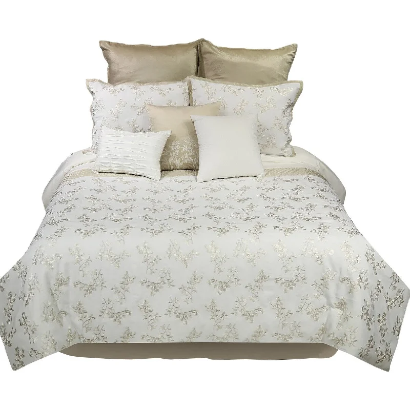 Zoey 10 Piece Polyester King Comforter Set, Gold Floral Design Print, White